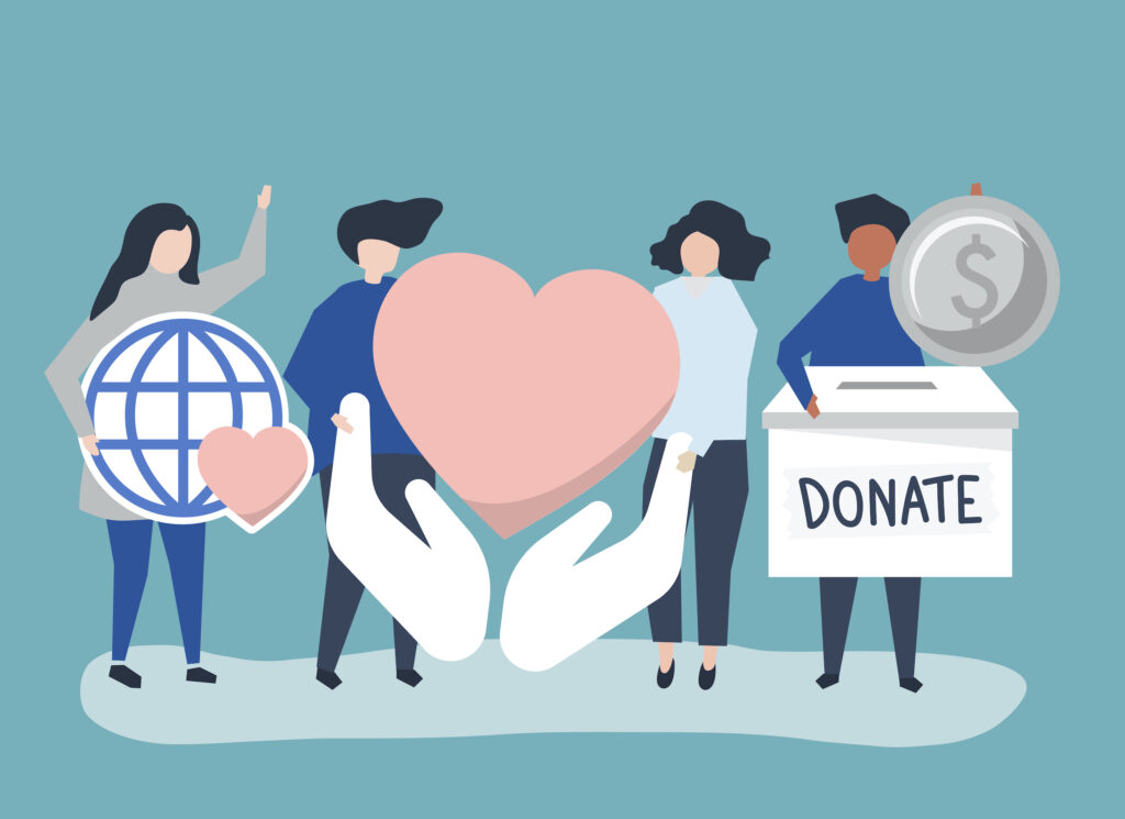 People carrying donation and charity related icons